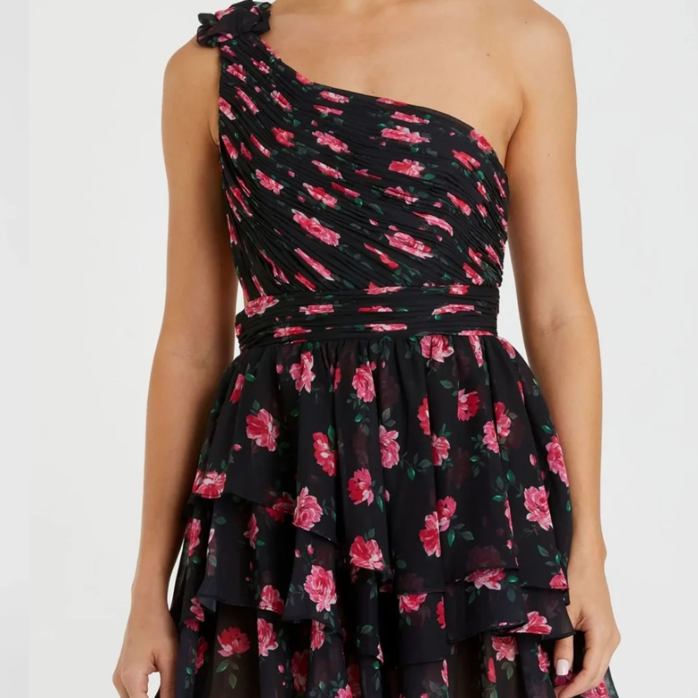NWT! Mac Duggal Black One Shoulder Ruffled Rose Print Layered High-Low Dress - Picture 6 of 12
